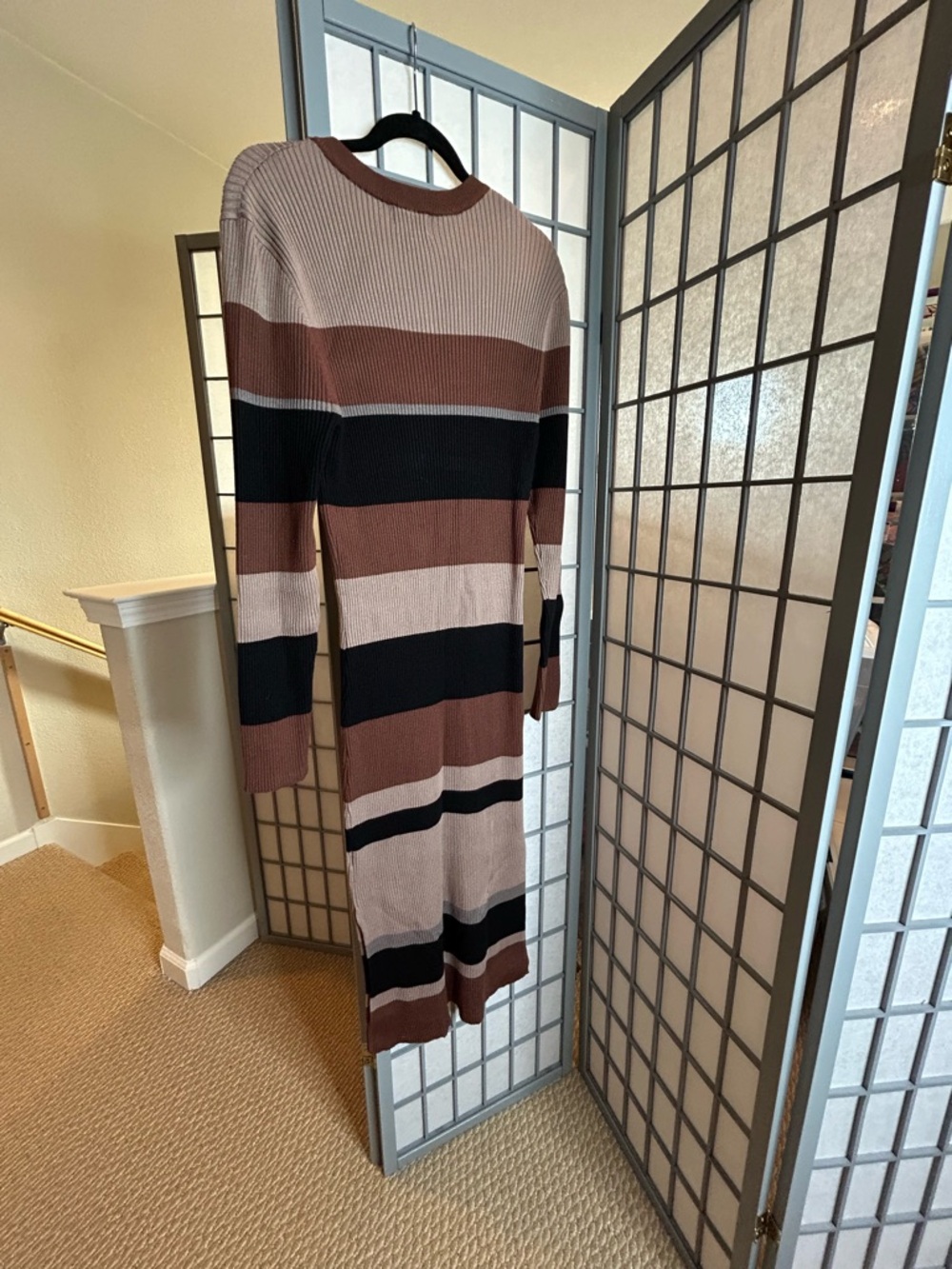 Evereve Ribbed Stripe Long Sleeve Dress in Brown, Black, and Cream - Picture 5 of 5